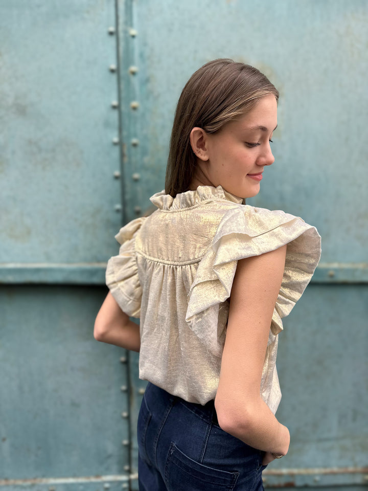 Flutter Sleeve Shimmery V-neck Top