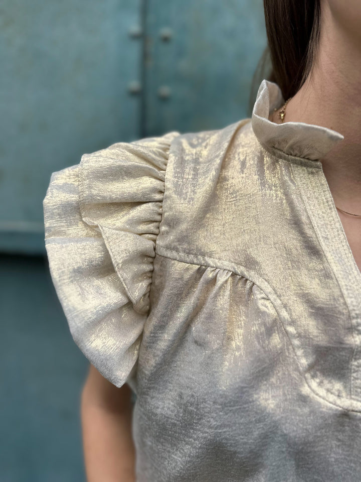 Flutter Sleeve Shimmery V-neck Top