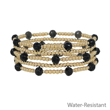 Set of 5 Gold Beaded with Accent Crystals Stretch Bracelet