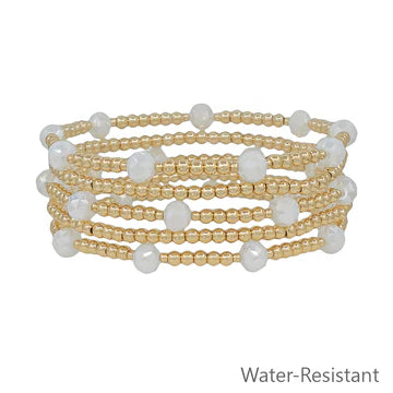 Set of 5 Gold Beaded with Accent Crystals Stretch Bracelet