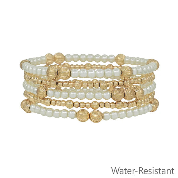 GOLD AND PEARL SET OF 5 STRETCH BRACELETS