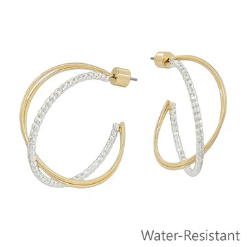 Water Resistant Gold Textured Twisted X 1.25" Hoop Earring