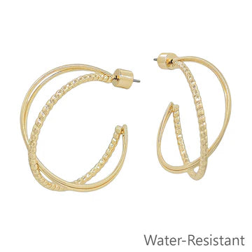 Water Resistant Gold Textured Twisted X 1.25" Hoop Earring