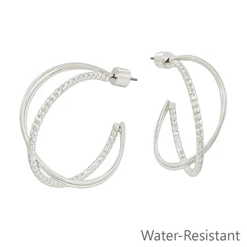 Water Resistant Gold Textured Twisted X 1.25" Hoop Earring