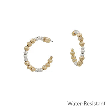 Water Resistant Graduated Gold Bead 1" Hoop Earring