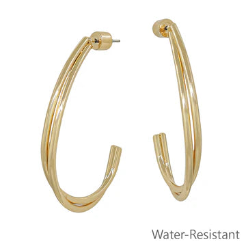 Water Resistant Gold Twisted Teardrop Open Hoop 1.5" Earring