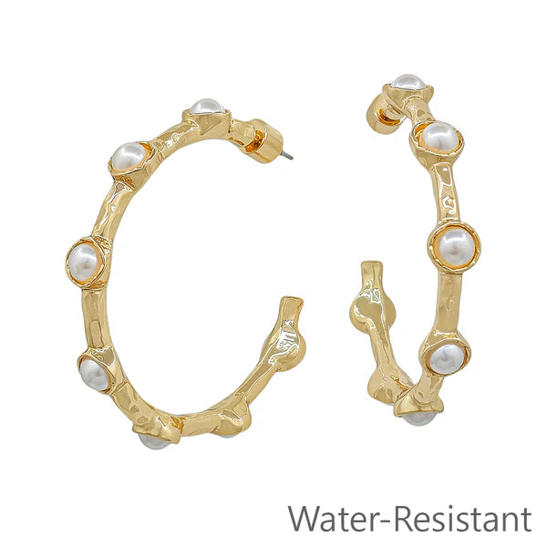 GOLD HAMMERED WITH PEARL HOOP 2" EARRING