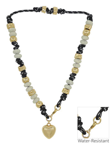 Puffy Heart Charm with Natural and Gold Beads 16"-18" Necklace