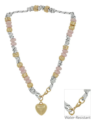 Puffy Heart Charm with Natural and Gold Beads 16"-18" Necklace