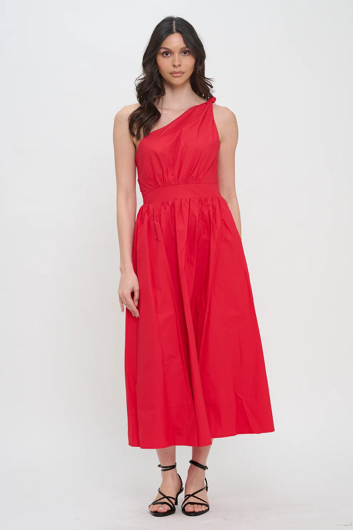 Red Poplin One Shoulder Maxi Dress