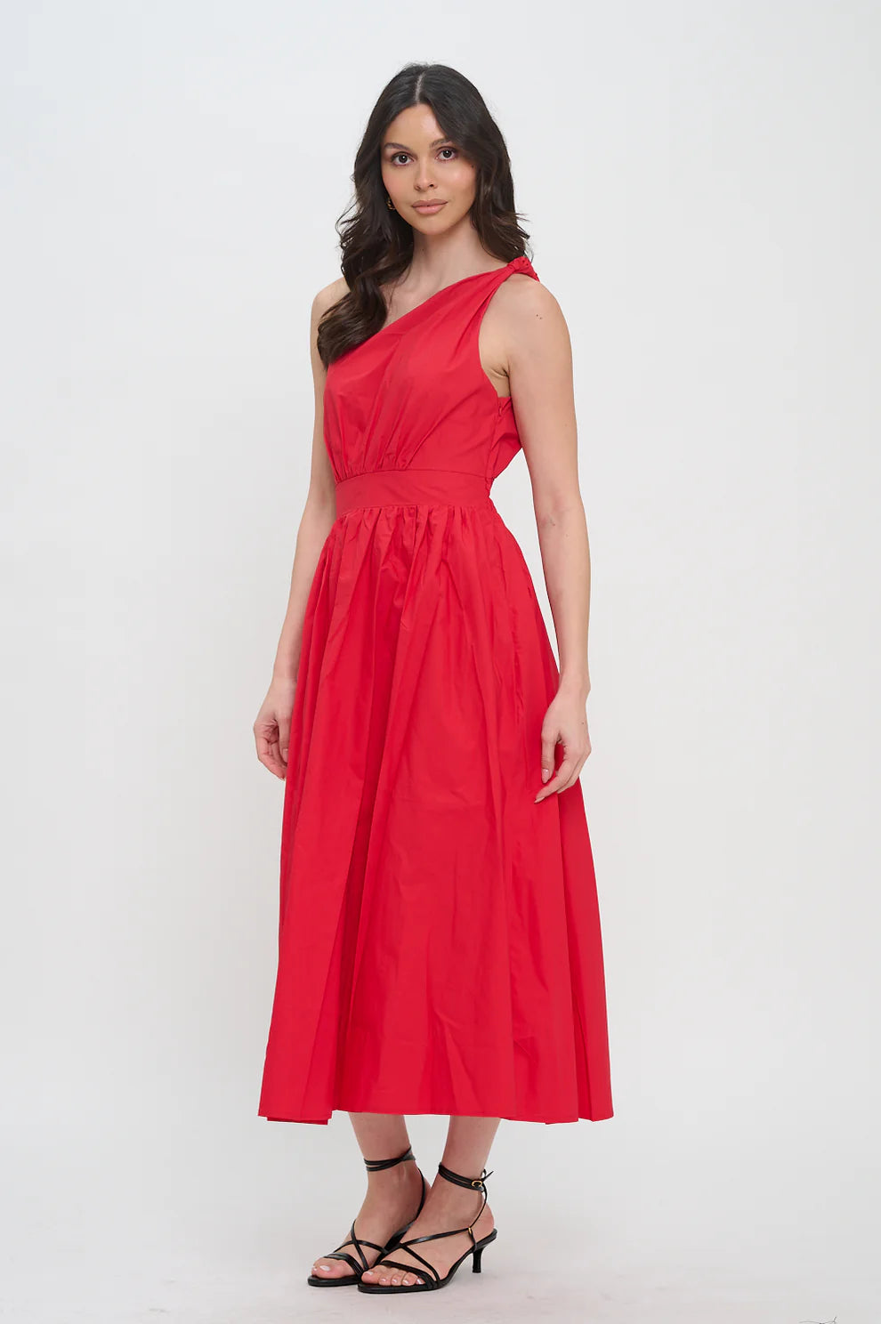 Red Poplin One Shoulder Maxi Dress
