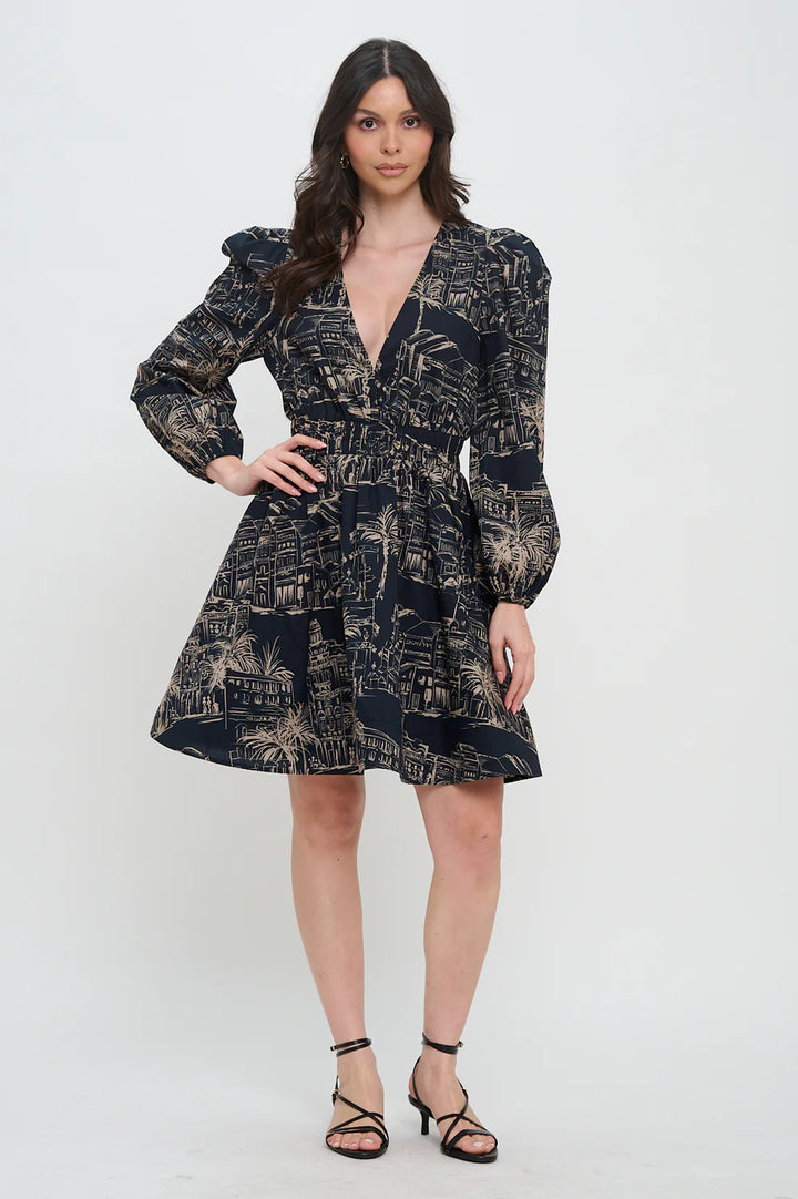 Santorini Midnight Sketch Long Sleeve Short Dress
