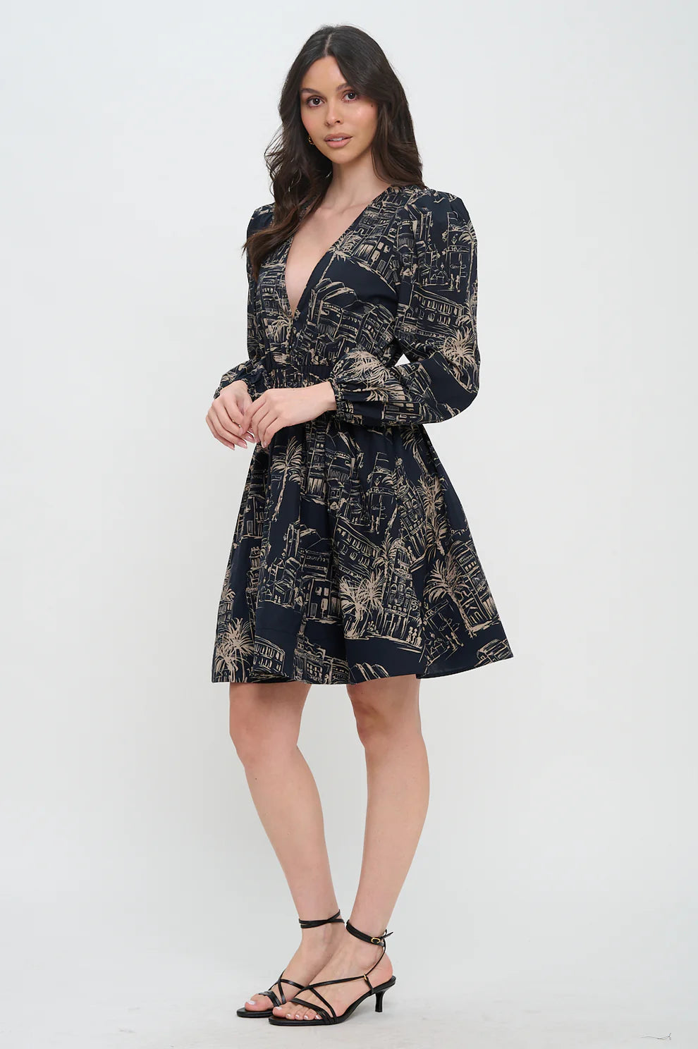 Santorini Midnight Sketch Long Sleeve Short Dress