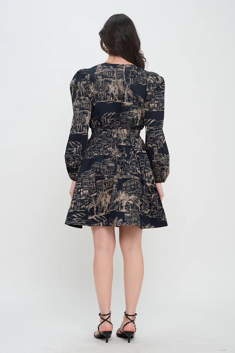 Santorini Midnight Sketch Long Sleeve Short Dress