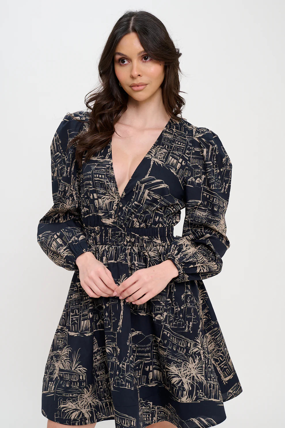 Santorini Midnight Sketch Long Sleeve Short Dress