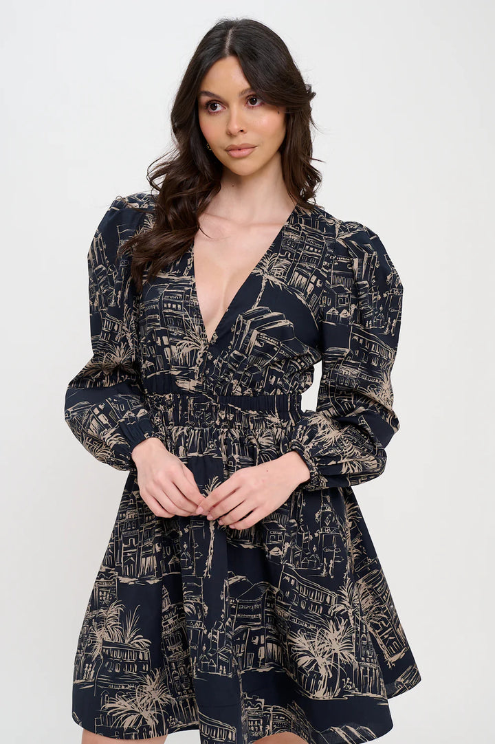 Santorini Midnight Sketch Long Sleeve Short Dress