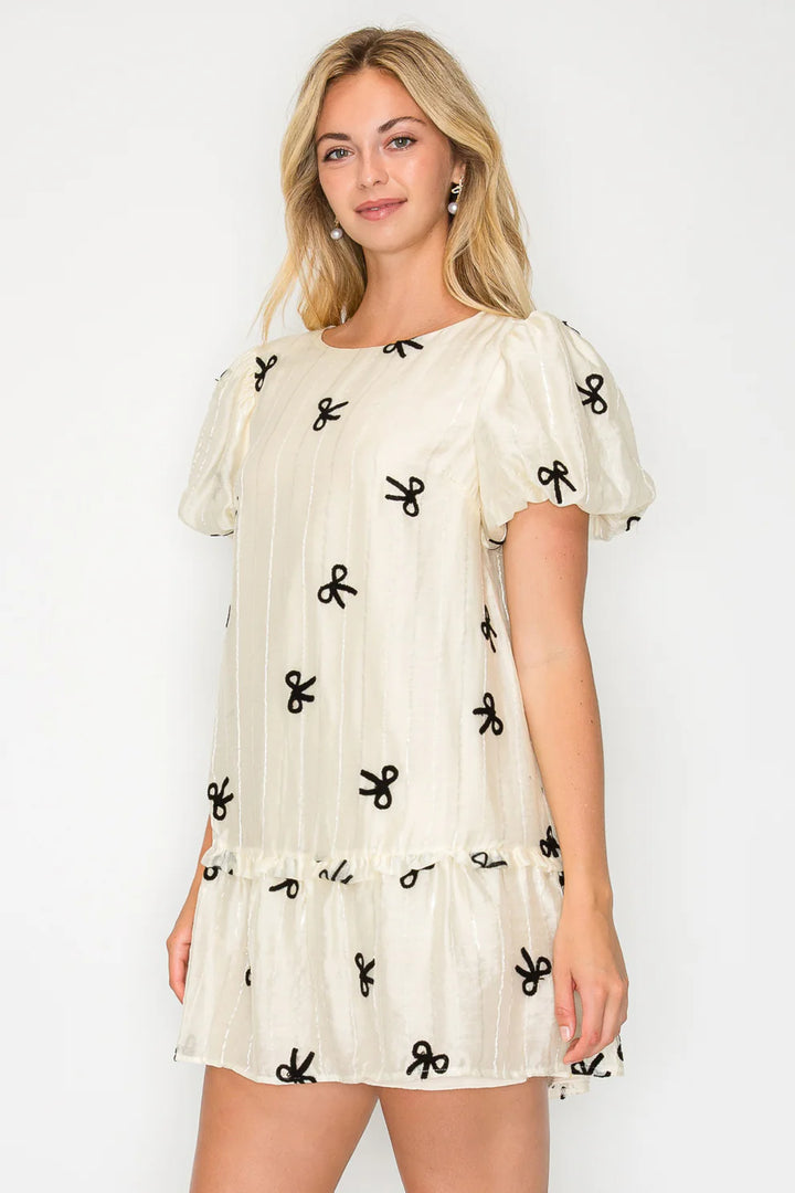 Organza Bow Puff Sleeve Mini Dress