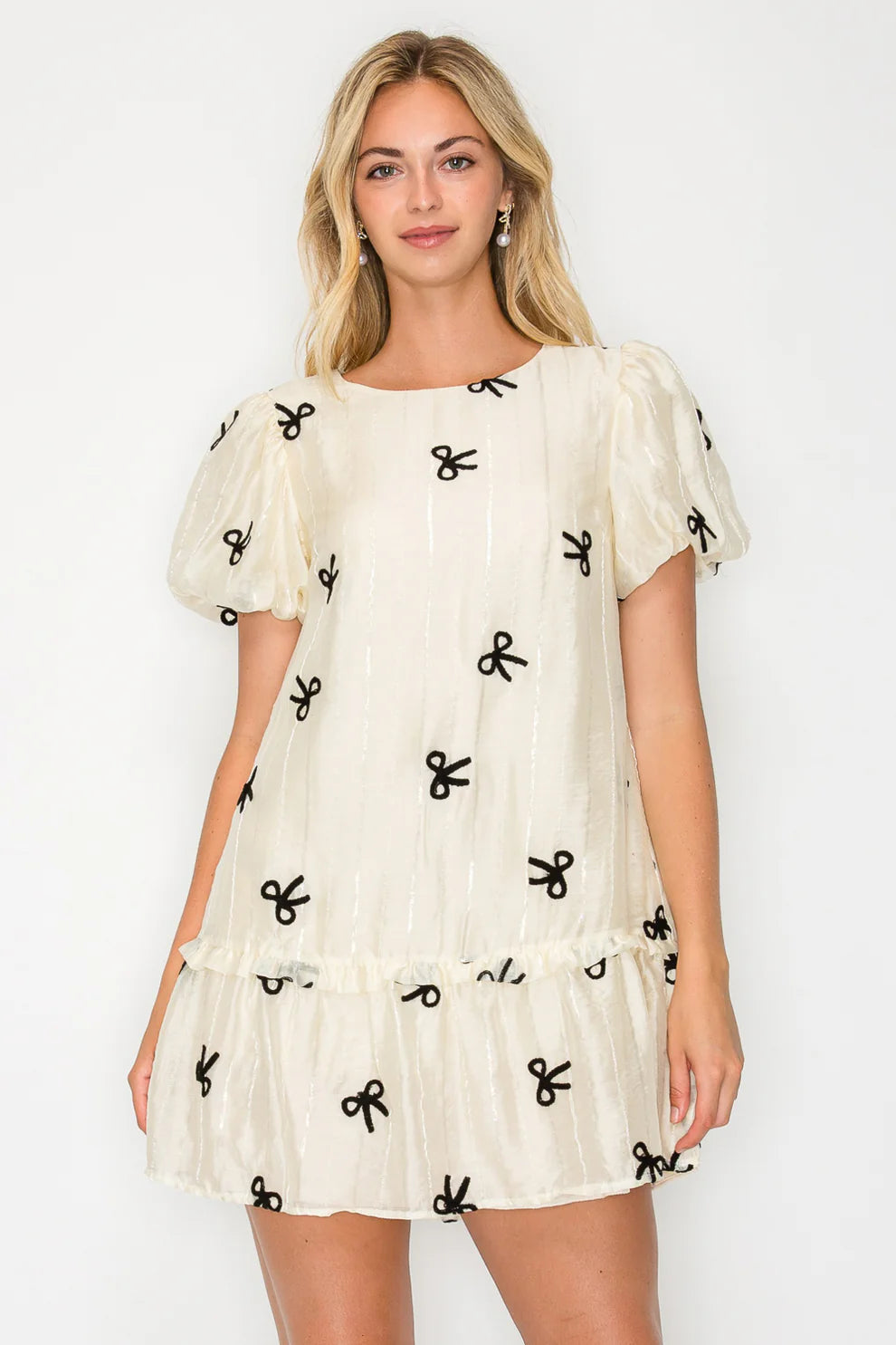 Organza Bow Puff Sleeve Mini Dress