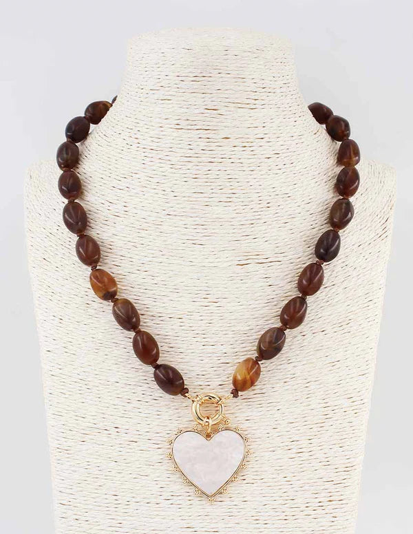 BROWN BEADED NATURAL STONE WITH PEARLIZED HEART CHARM 16"-18"