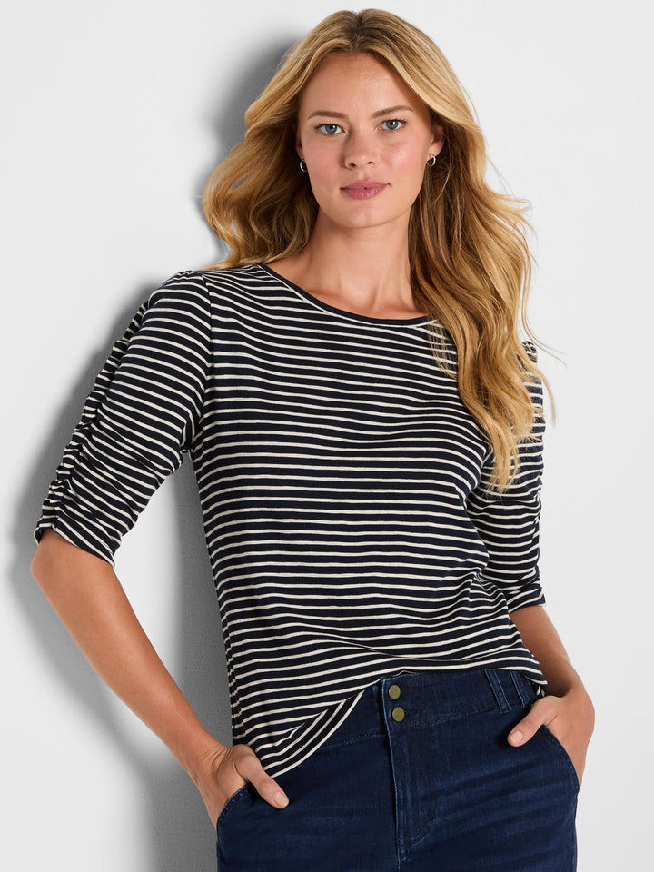 Striped Ruched Elbow Sleeve Tee