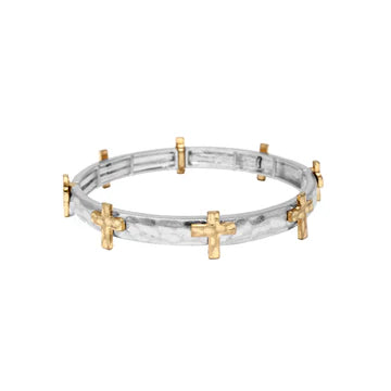 Hammered Stretch Bracelet with Cross Accents