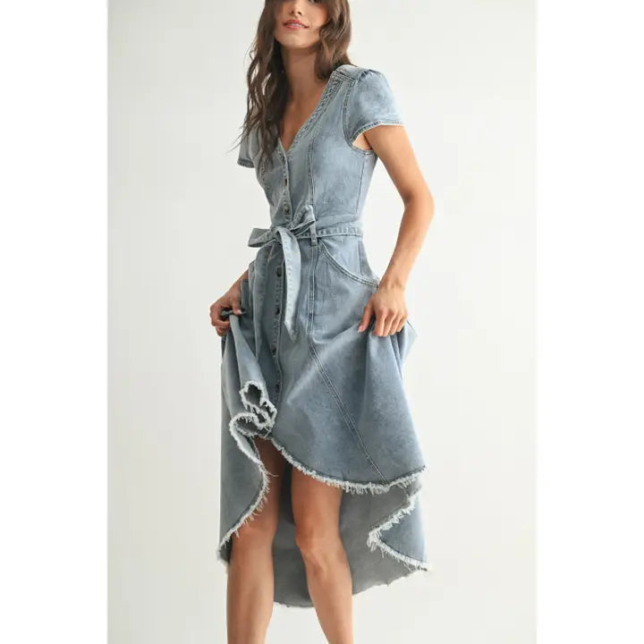 Stretch Denim Buttoned High Low Dress