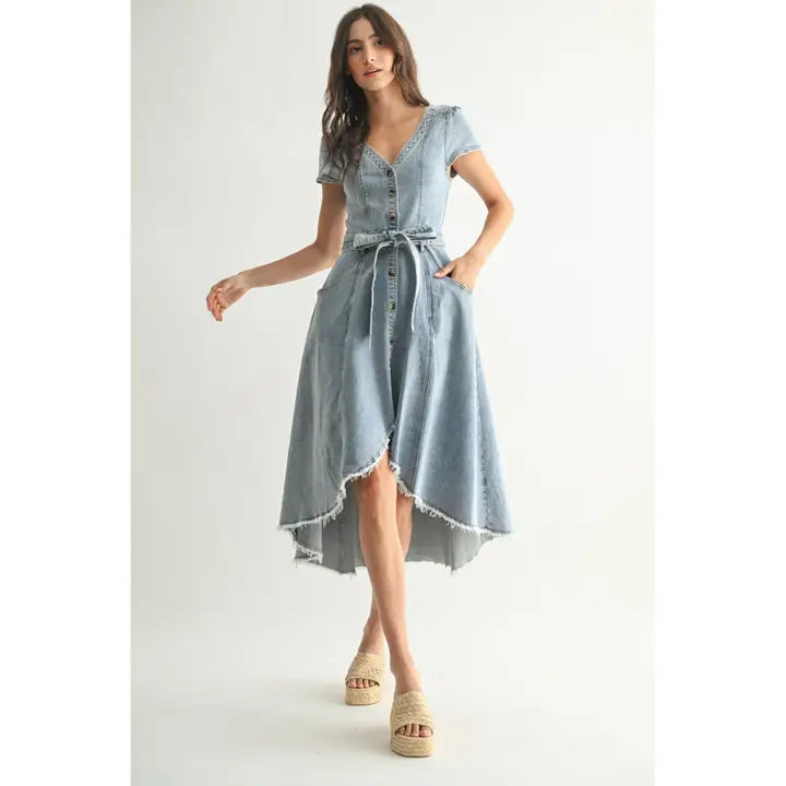 Stretch Denim Buttoned High Low Dress