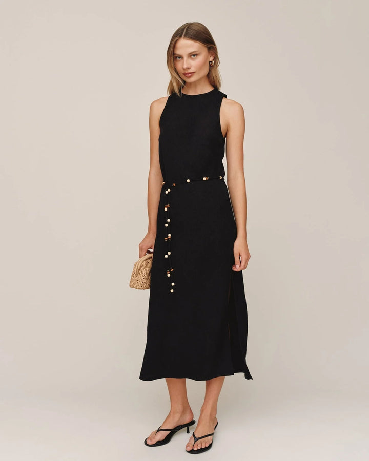 BIAS MIDI DRESS WITH BEADED BELT