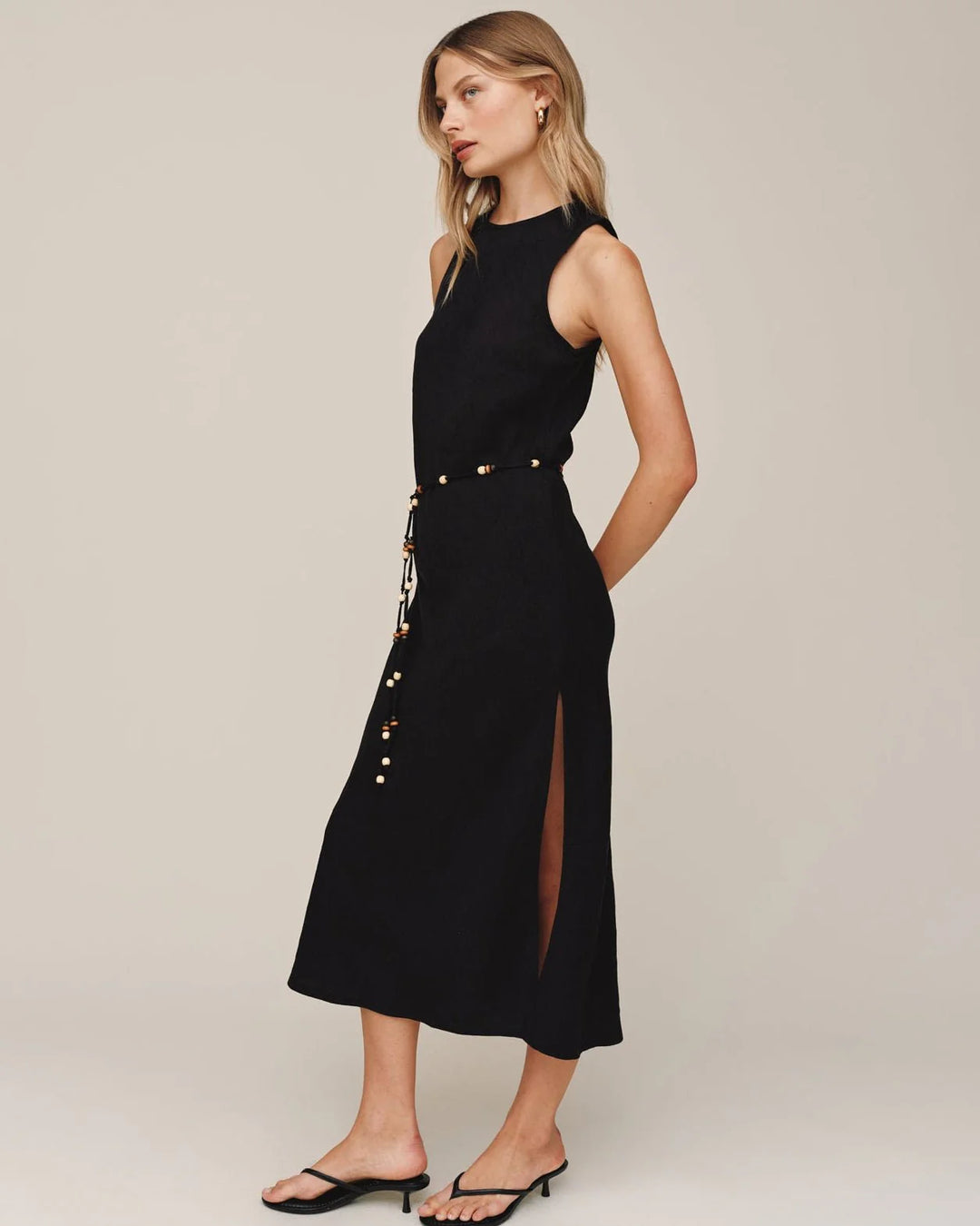 BIAS MIDI DRESS WITH BEADED BELT