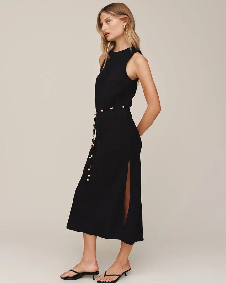 BIAS MIDI DRESS WITH BEADED BELT