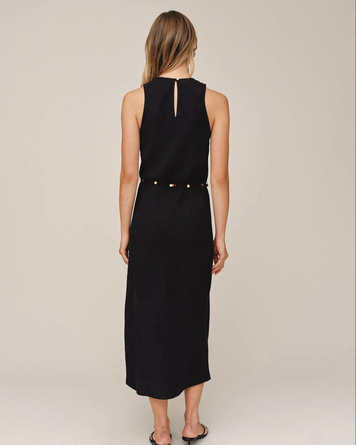 BIAS MIDI DRESS WITH BEADED BELT