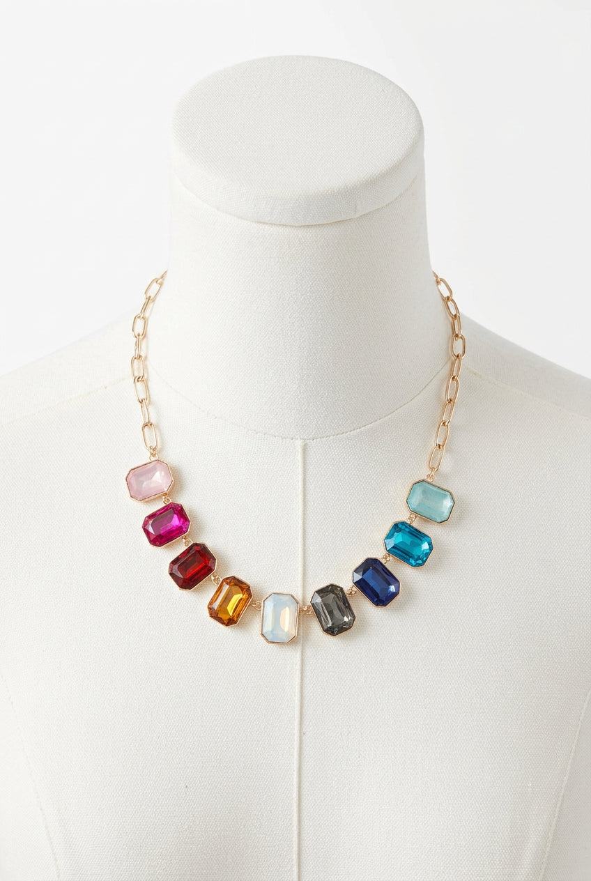 SQUARE MULTICOLORED STONE NECKLACE