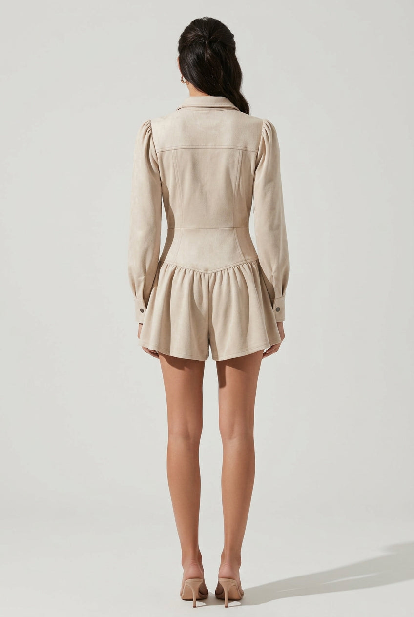 SUEDE LONG SLEEVE BUTTON DOWN ROMPER WITH RUFFLE SHORTS