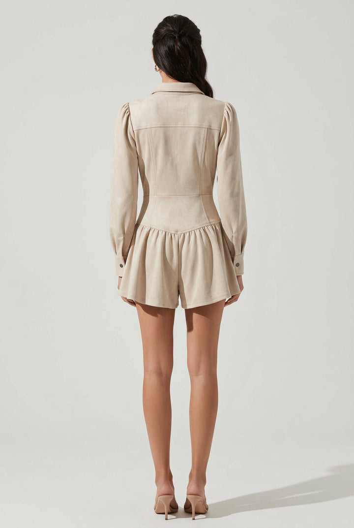 SUEDE LONG SLEEVE BUTTON DOWN ROMPER WITH RUFFLE SHORTS