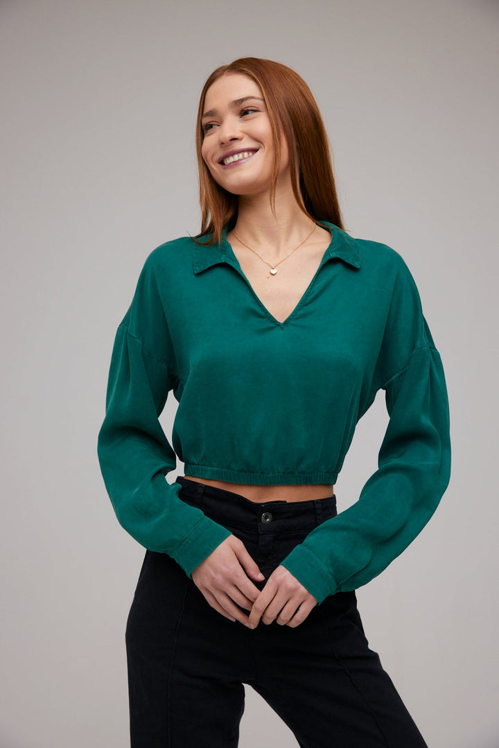 Cropped Collared V-Neck Pullover