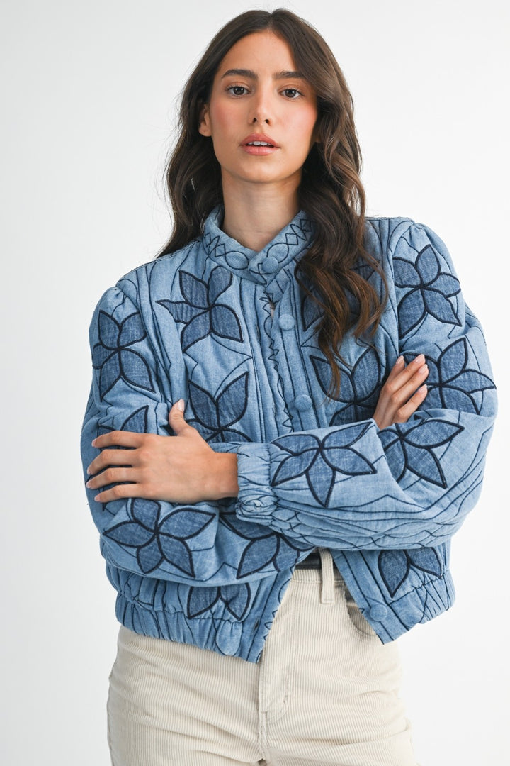 Flower and Scallop Stitched Quilted Jacket