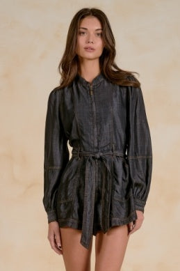 ZIP UP DENIM ROMPER WITH TIE BELT