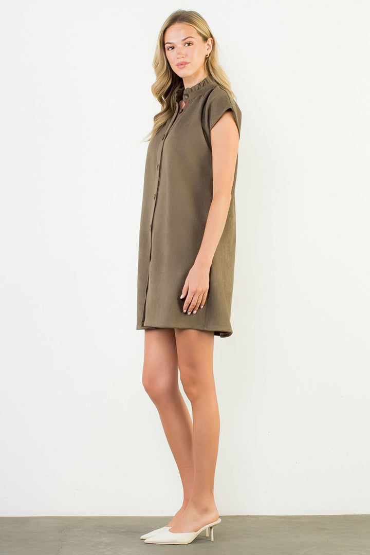 Short Sleeve Suede Dress with Button Detail