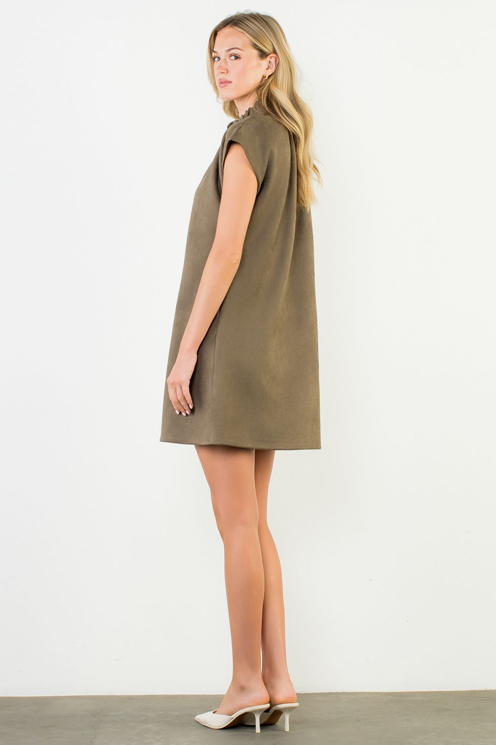 Short Sleeve Suede Dress with Button Detail