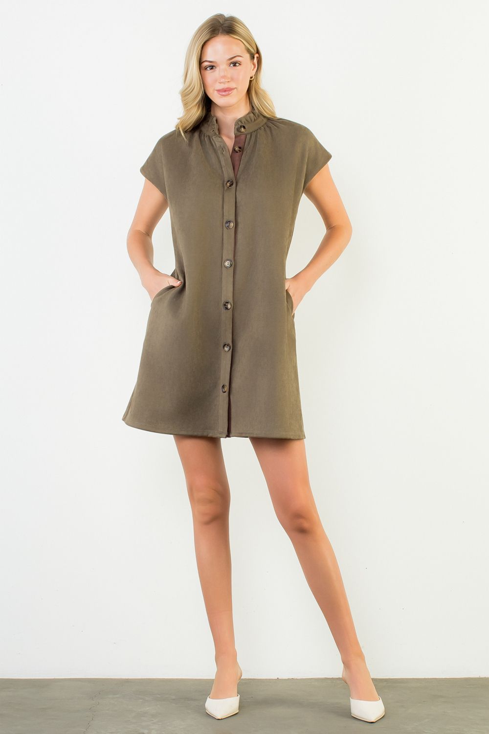Short Sleeve Suede Dress with Button Detail