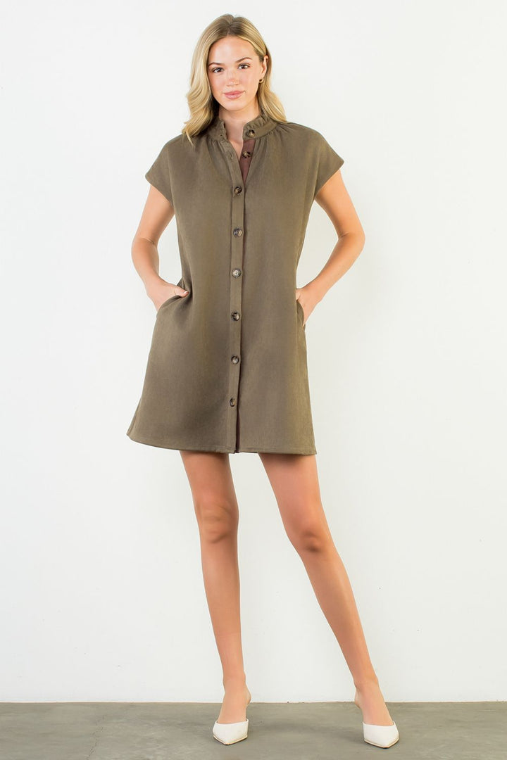 Short Sleeve Suede Dress with Button Detail