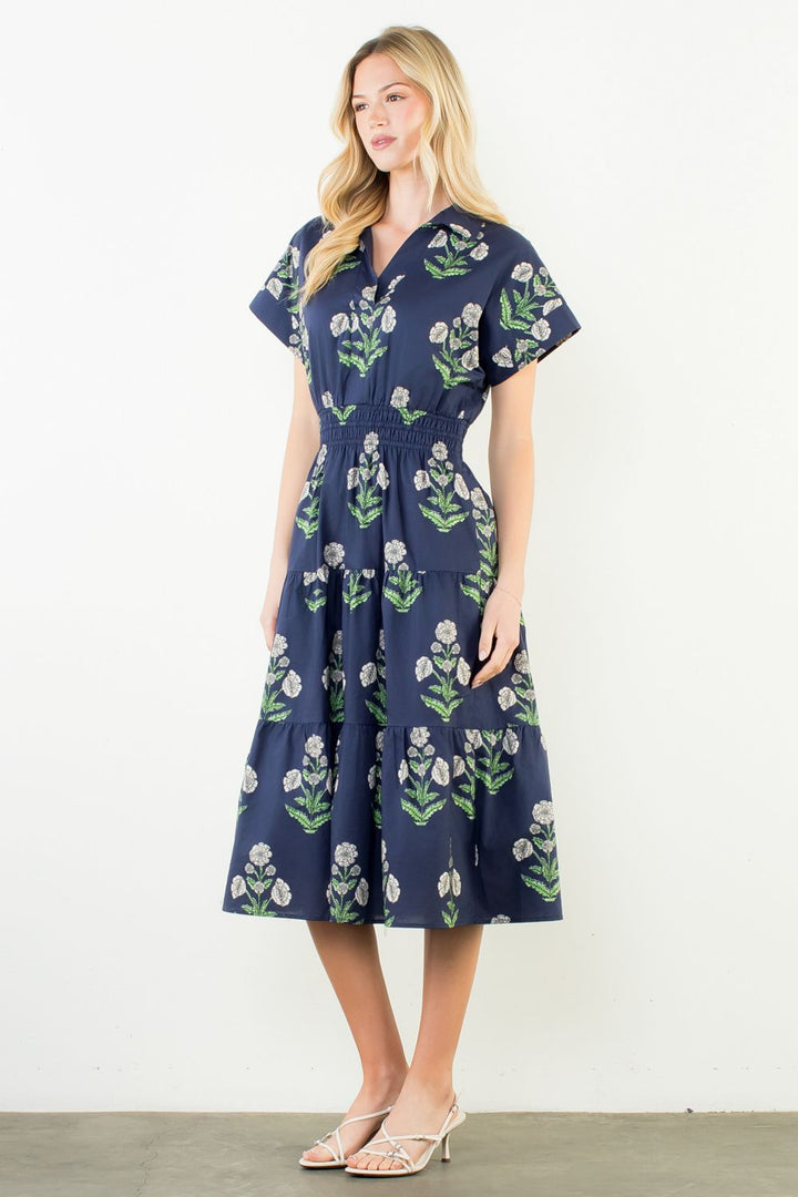 Short Sleeve Collared Floral Pattern Dress