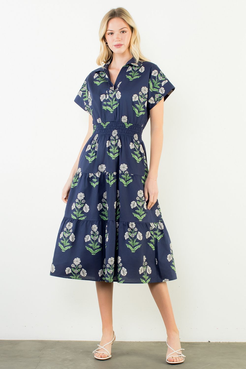 Short Sleeve Collared Floral Pattern Dress