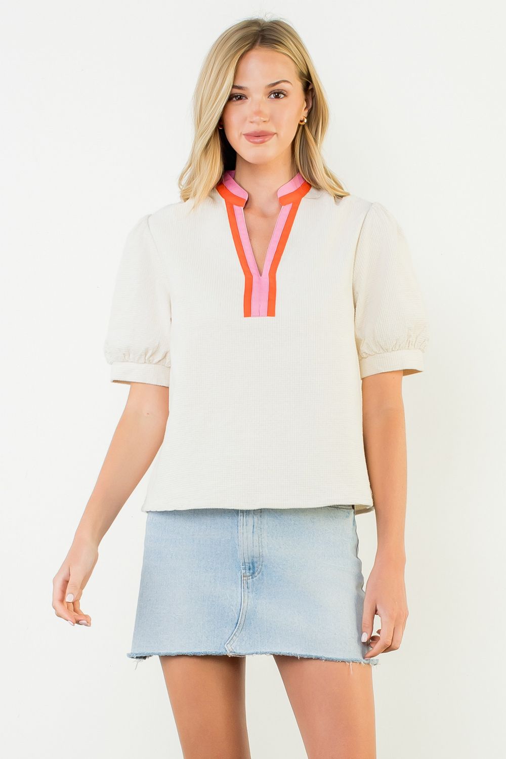 Puff Sleeve Textured V-neck Top