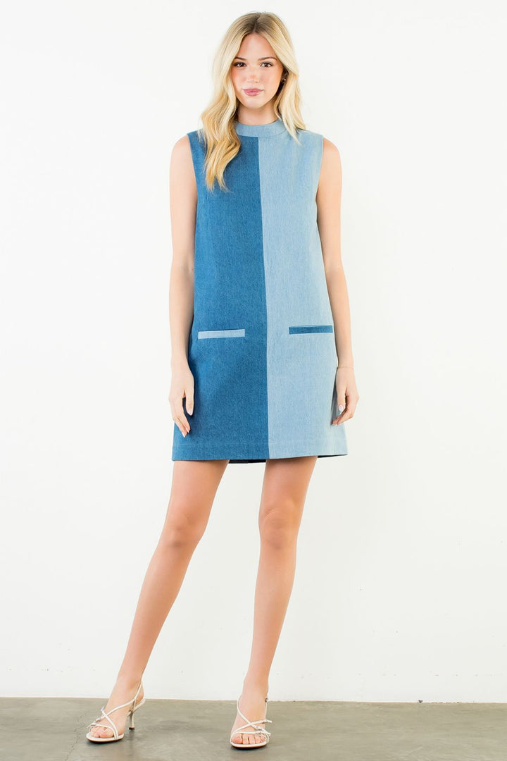 Sleveeless Colorblocked Denim Dress