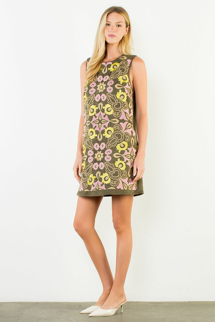 SLEEVELESS SUEDE EMBROIDERY DRESS
