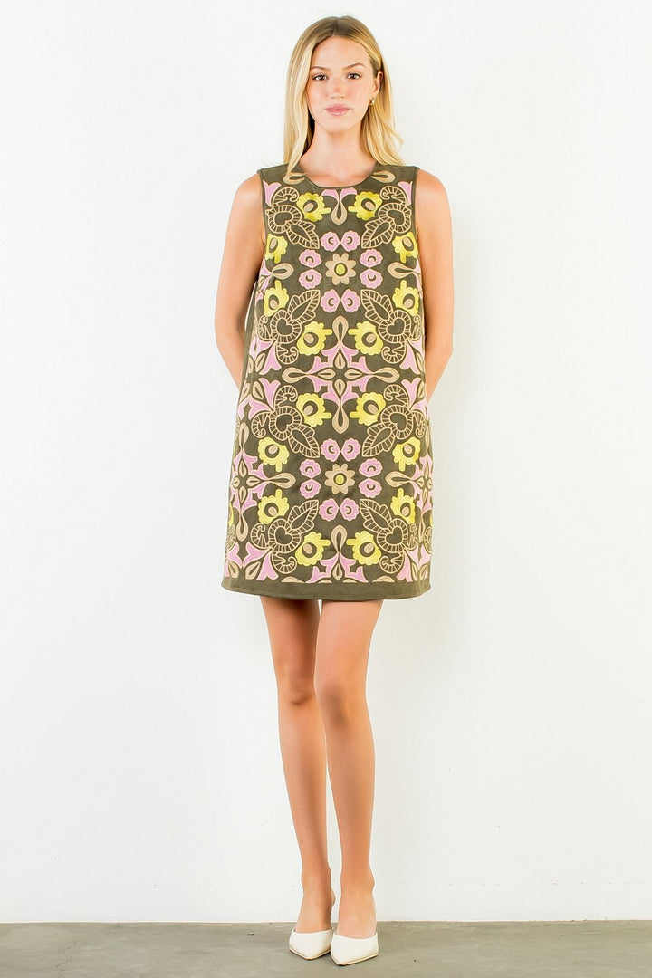 SLEEVELESS SUEDE EMBROIDERY DRESS