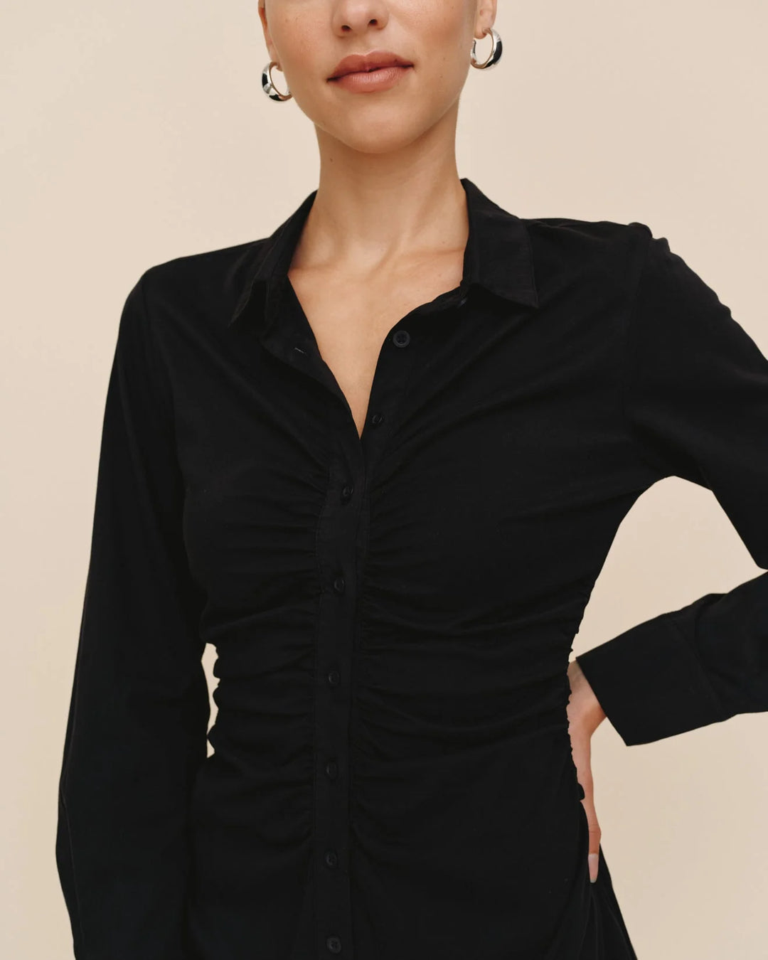 Long Sleeve Shirred Shirt Dress