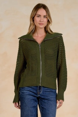 ZIP UP CHUNKY KNIT FOLD OVER NECK CARDIGAN