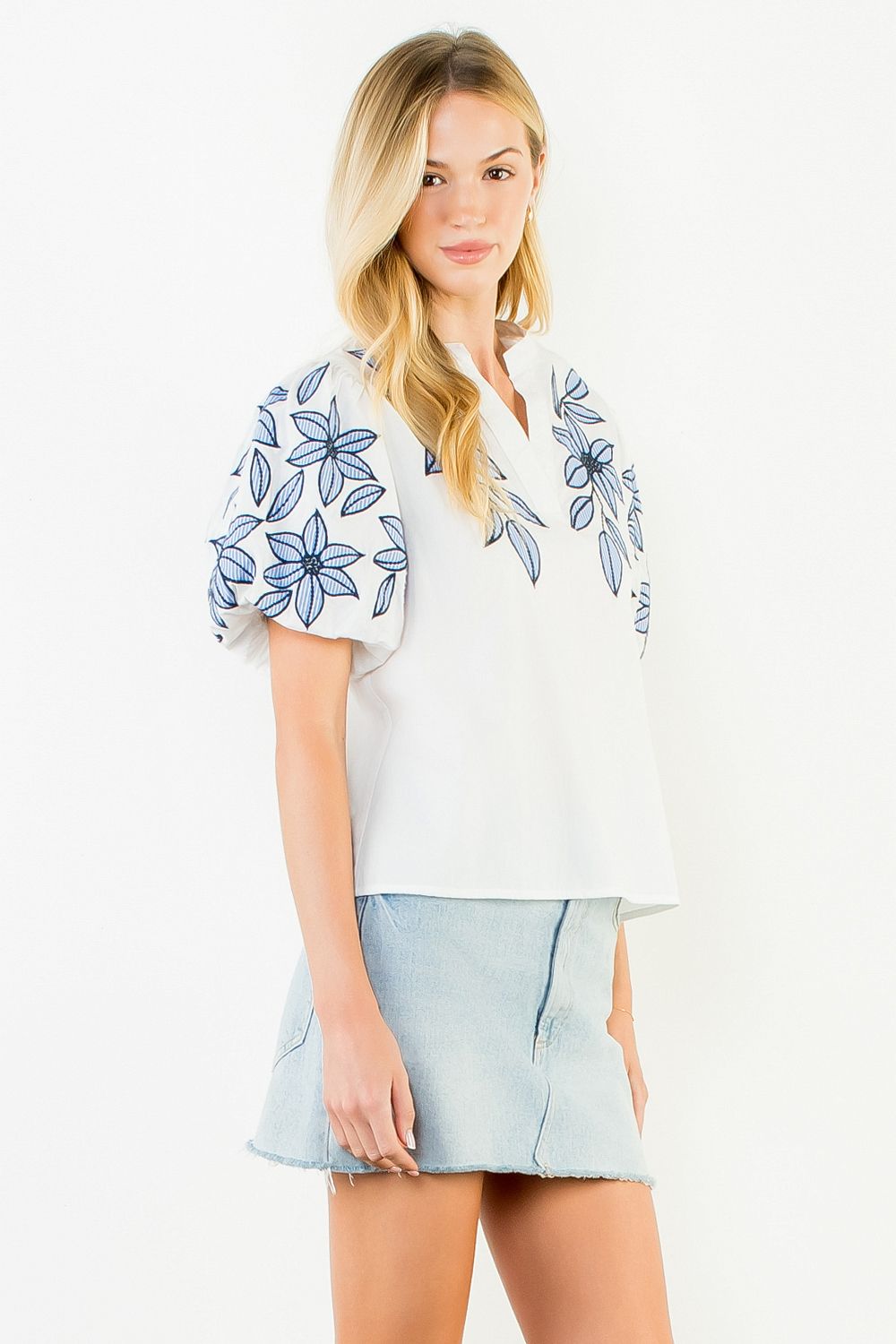 PUFF SLEEVE EMBROIDERY SLEEVE AND CHEST TOP